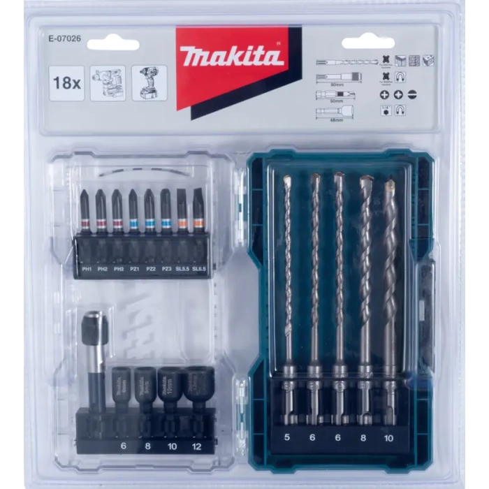 zestaw końcówek wkrętakowych i wierteł sds-plus Makita E-07026 18-częściowy