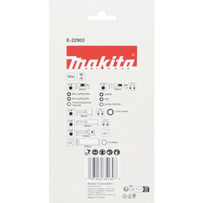 zestaw bitów i kluczy nasadowych Makita E-22903 Impact Black 30-częściowy